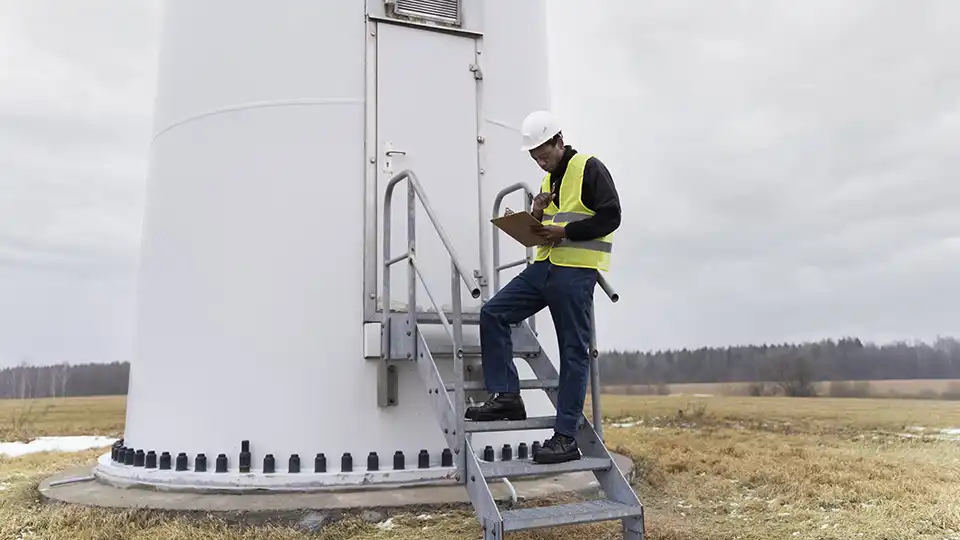 Worker standing outside wind-turbine.